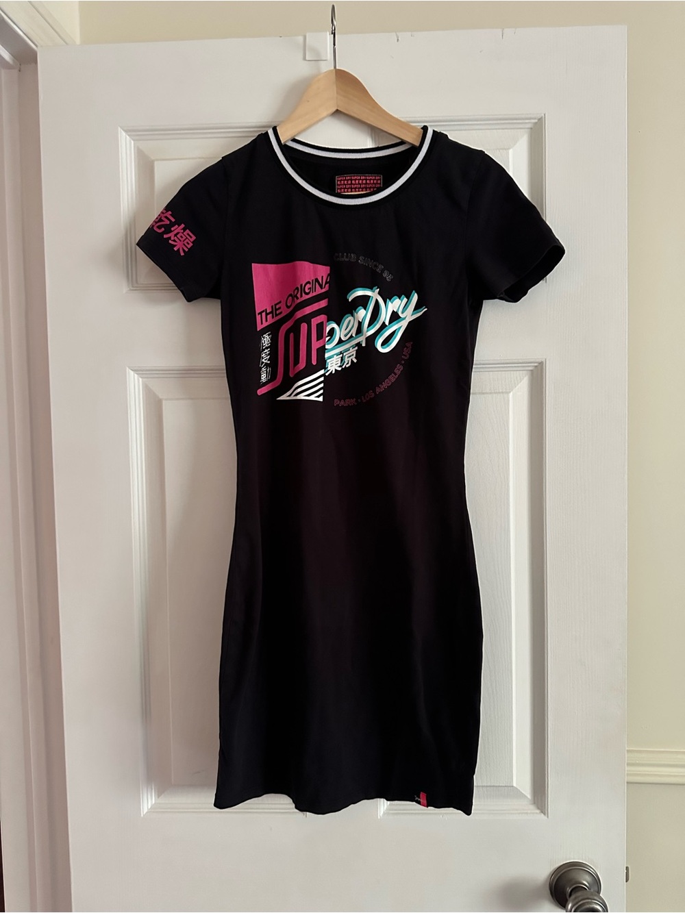 Superdry Black T-Shirt Dress with Pink & Teal Logo